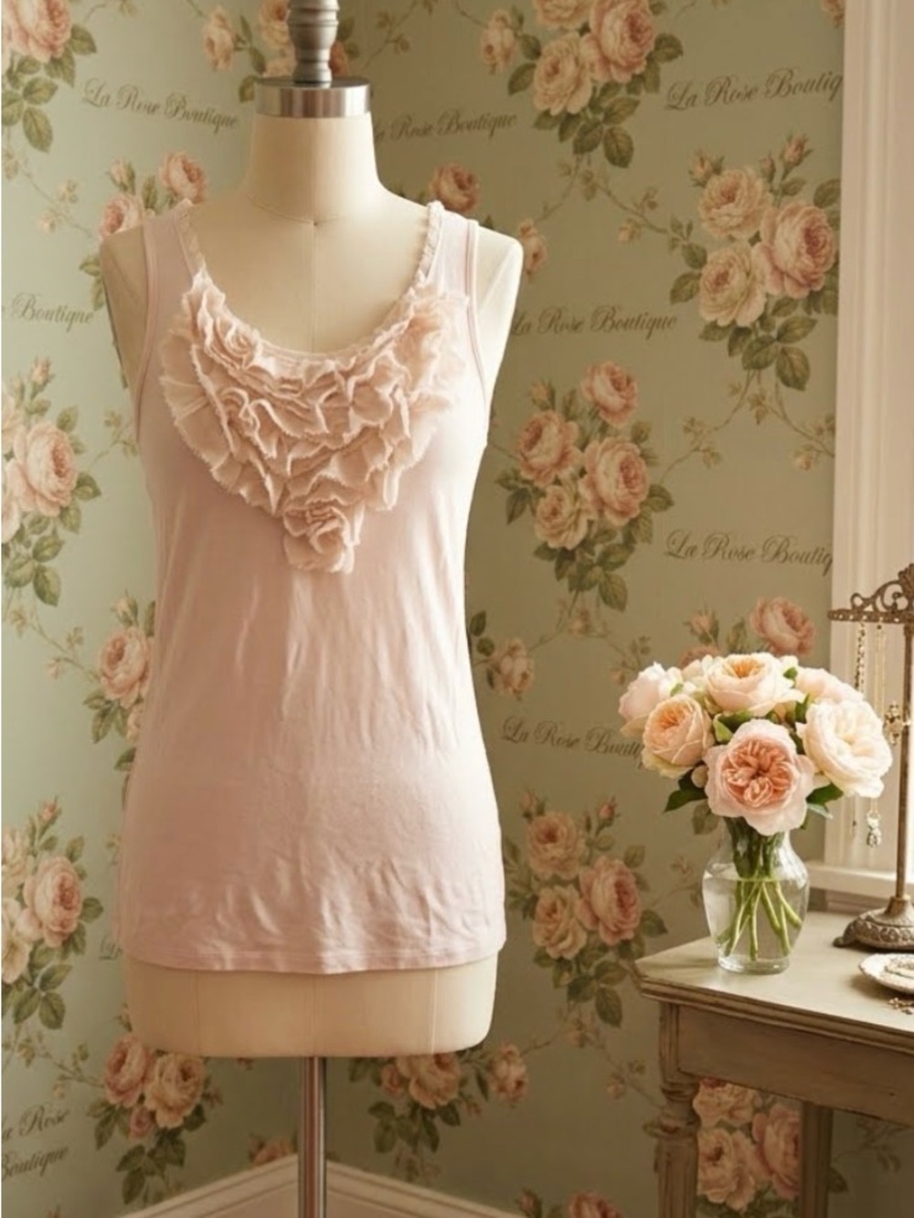 Ann Taylor Blush Pink Ruffle Scoop Neck Tank